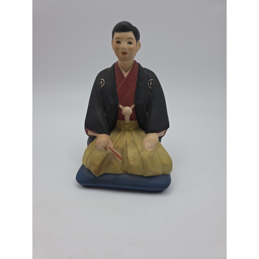 Hakata Urasaki Doll Japanese Young Man Kneeling on Cushion Clay Figurine VTG